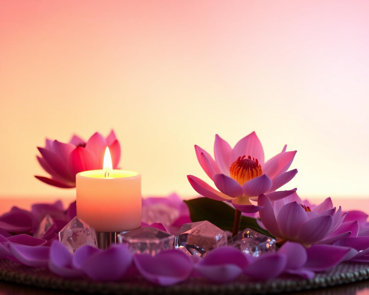 Sacred altar with lotus flowers, candle and healing crystals